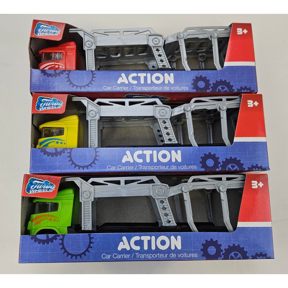 Turbo Wheels Action Car Carrier Toy Truck Lot of 3 Yellow Red Green Transporters